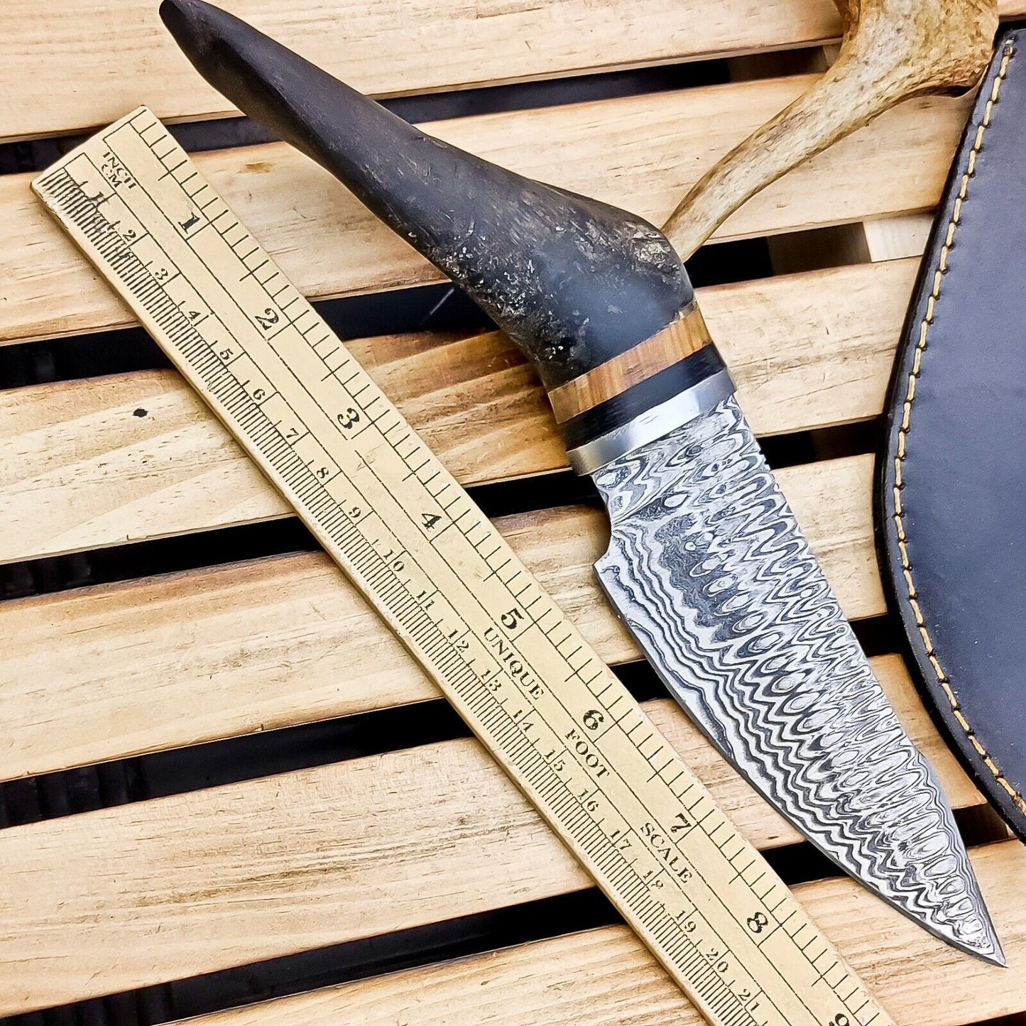 8.5" Custom Damascus Steel Bowie Knife – Ram Horn Handle