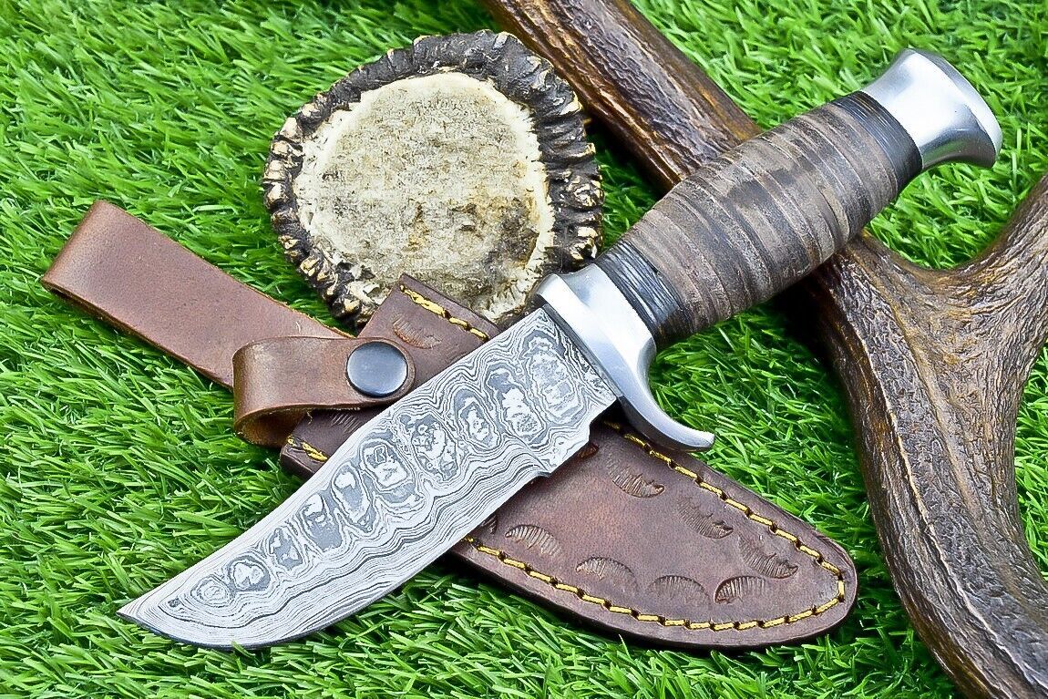 Heritage Forge 9" Leather Handle Damascus Steel Bowie Knife for Hunting and Camping