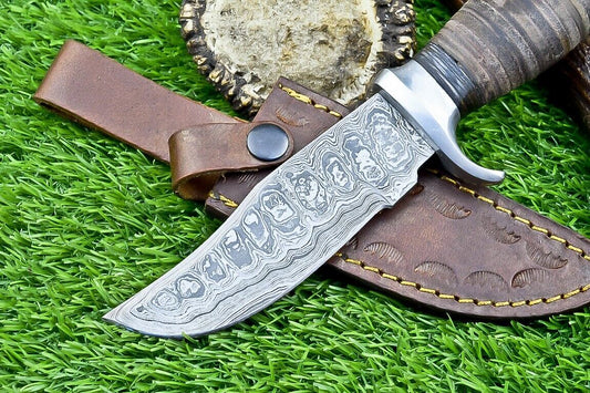 Heritage Forge 9" Leather Handle Damascus Steel Bowie Knife for Hunting and Camping