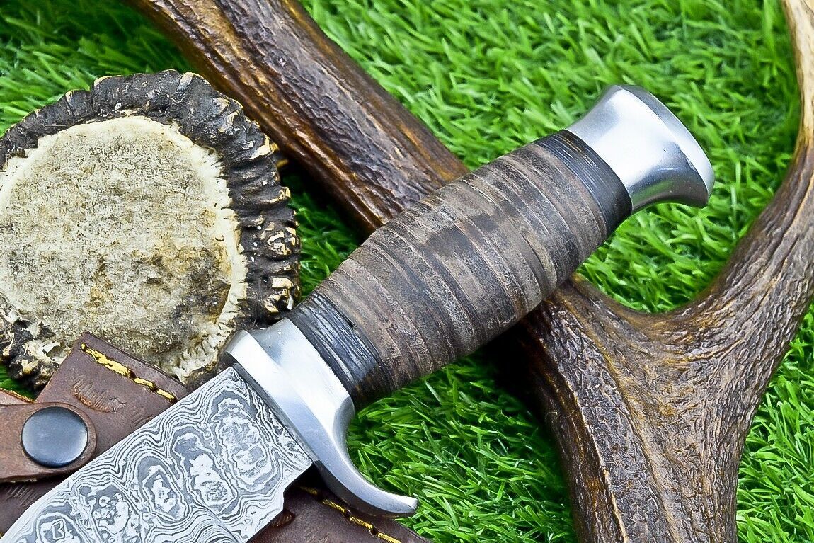 Heritage Forge 9" Leather Handle Damascus Steel Bowie Knife for Hunting and Camping