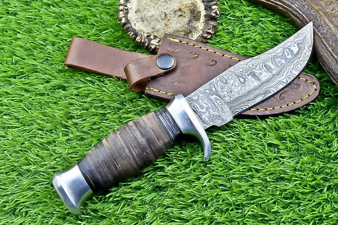 Heritage Forge 9" Leather Handle Damascus Steel Bowie Knife for Hunting and Camping