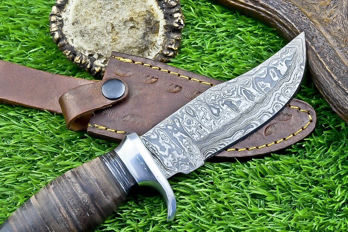 Heritage Forge 9" Leather Handle Damascus Steel Bowie Knife for Hunting and Camping