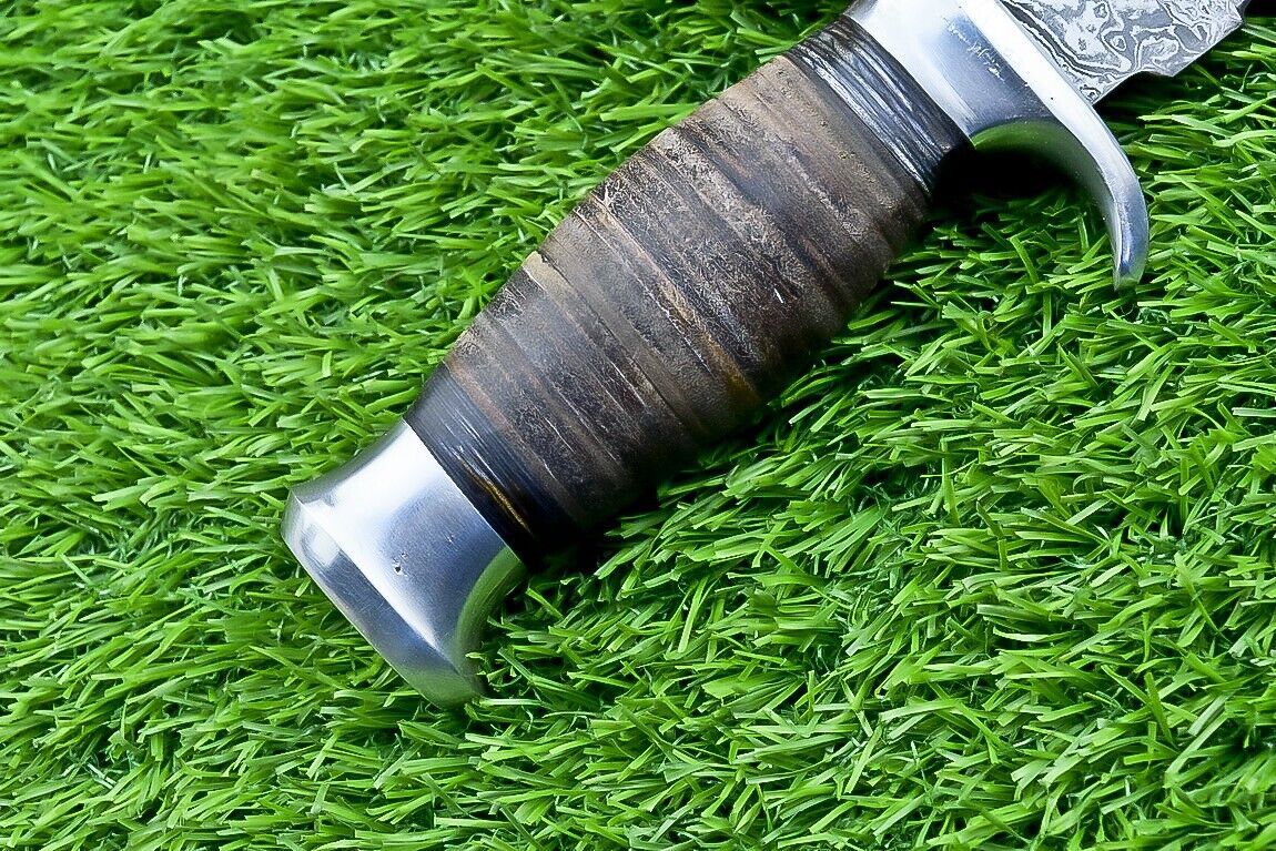 Heritage Forge 9" Leather Handle Damascus Steel Bowie Knife for Hunting and Camping