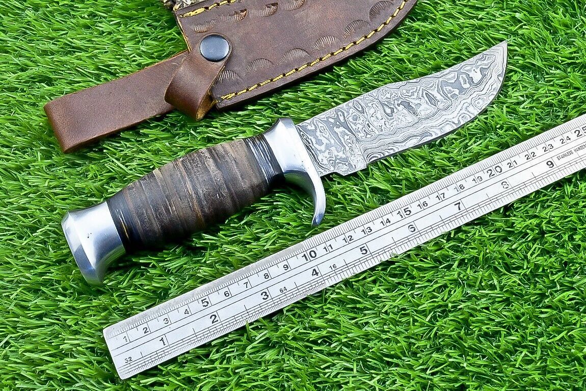 Heritage Forge 9" Leather Handle Damascus Steel Bowie Knife for Hunting and Camping