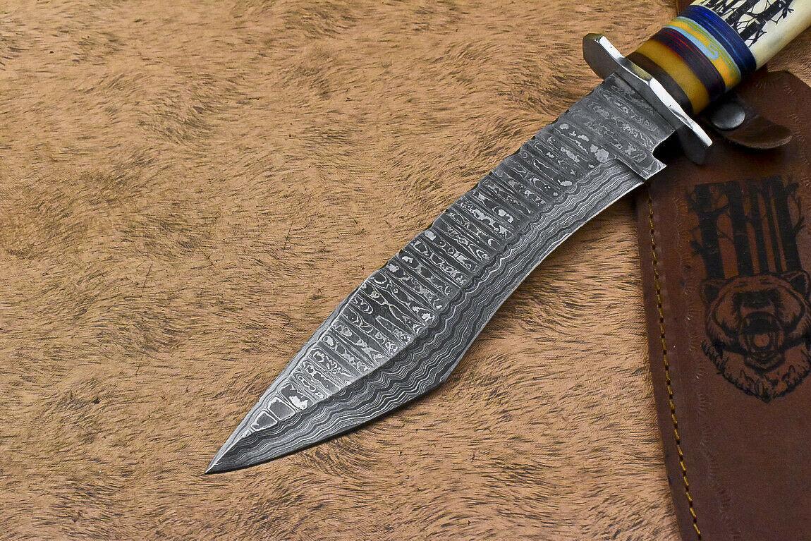 14.5” Damascus Bowie Knife | Scrimshaw Camel Bone Handle