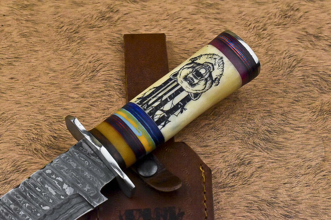14.5” Damascus Bowie Knife | Scrimshaw Camel Bone Handle
