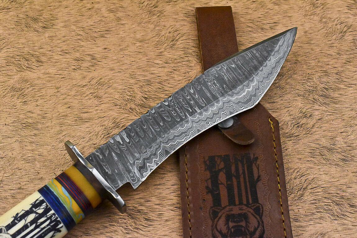 14.5” Damascus Bowie Knife | Scrimshaw Camel Bone Handle