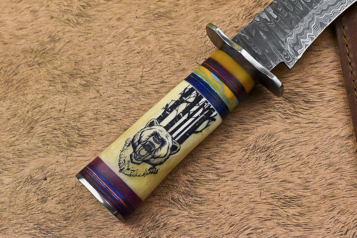 14.5” Damascus Bowie Knife | Scrimshaw Camel Bone Handle