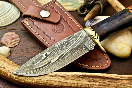 9" Handmade Damascus Steel Bowie Knife – Walnut Wood Handle with Leather Sheath