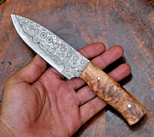 Custom Raindrop Damascus Hunting Knife with Wood Handle and Leather Sheath