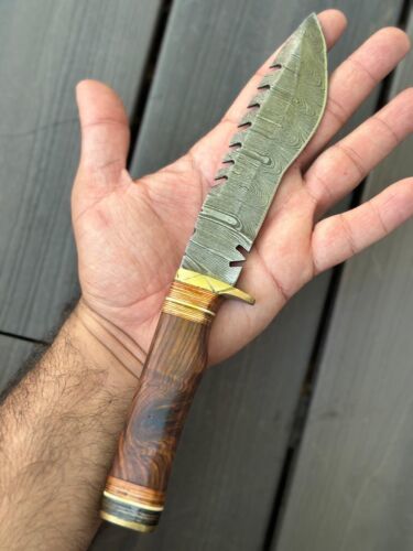 Heritage Forge 11 Inch Damascus Steel Kukri Bowie Knife with Full Tang and Wood Handle – Hunting and Tactical Knife with Leather Sheath