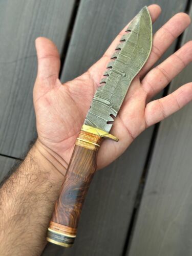 Heritage Forge 11 Inch Damascus Kukri Bowie Knife with Wooden Handle and Leather Sheath for Hunting and Tactical Use