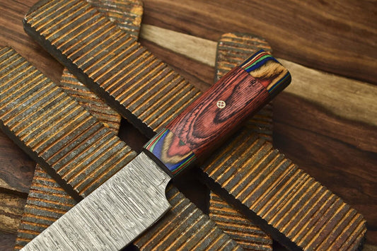 Hand Forged Chef Knife Fire Damascus Pakka Wood Wooden Bolster EDC Unique