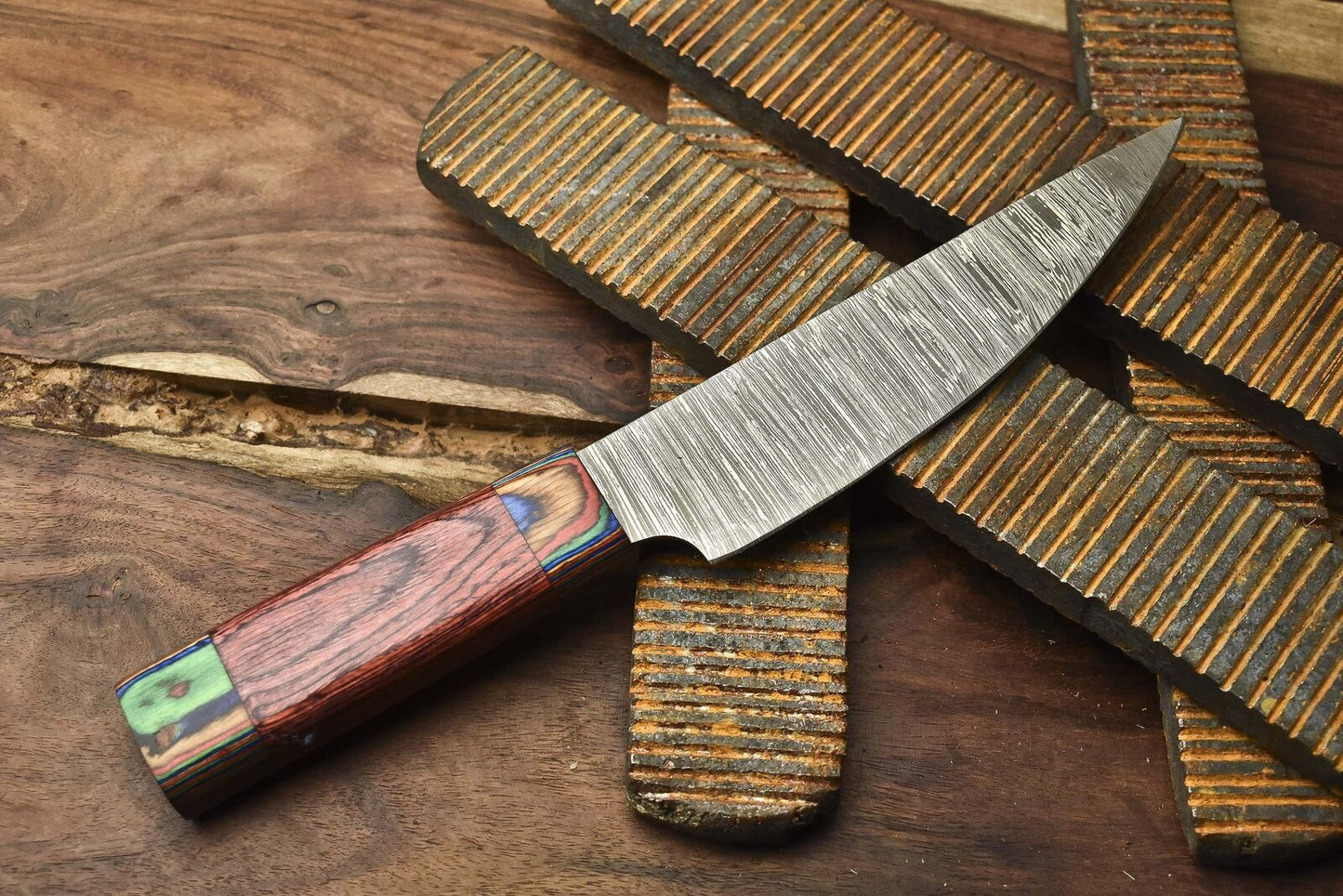 Hand Forged Chef Knife Fire Damascus Pakka Wood Wooden Bolster EDC Unique