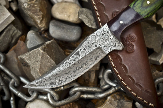 Custom Rain Drop Damascus Skinner Knife with Hardwood Handle – 8" Handmade Hunting Blade