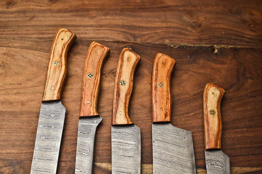 Lot of 5 Handmade Damascus Steel Blade Chef Knife Set with Leather Bag – 100% Handmade