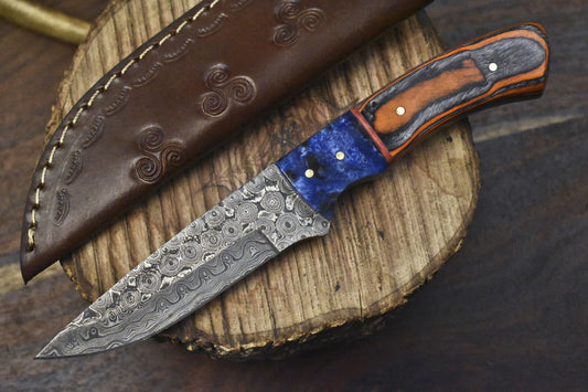 Rain Drop Damascus Skinner Knife with Hard Wood Handle for Hunting and Outdoor Use