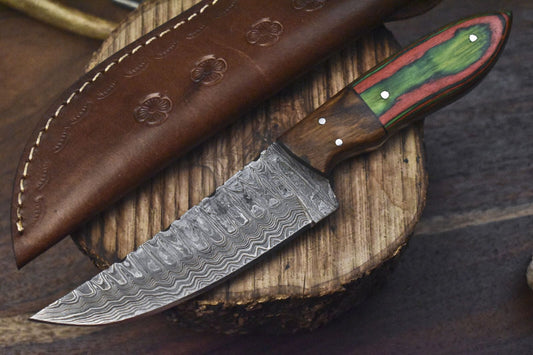 Ladder Damascus Skinner Knife with Hardwood Handle – Hand Forged EDC Hunting Blade