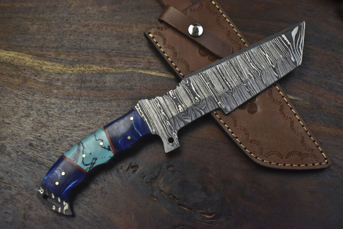 12.5" Handmade Damascus Tracker Knife – Twist Pattern, Corian Handle, Outdoor Bushcraft Survival