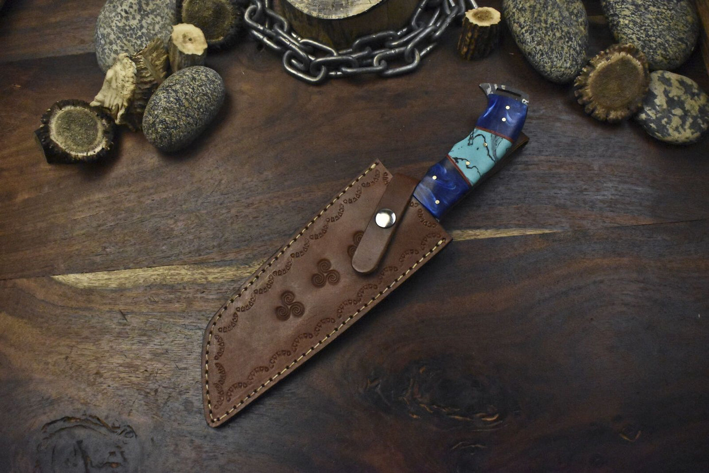 12.5" Handmade Damascus Tracker Knife – Twist Pattern, Corian Handle, Outdoor Bushcraft Survival