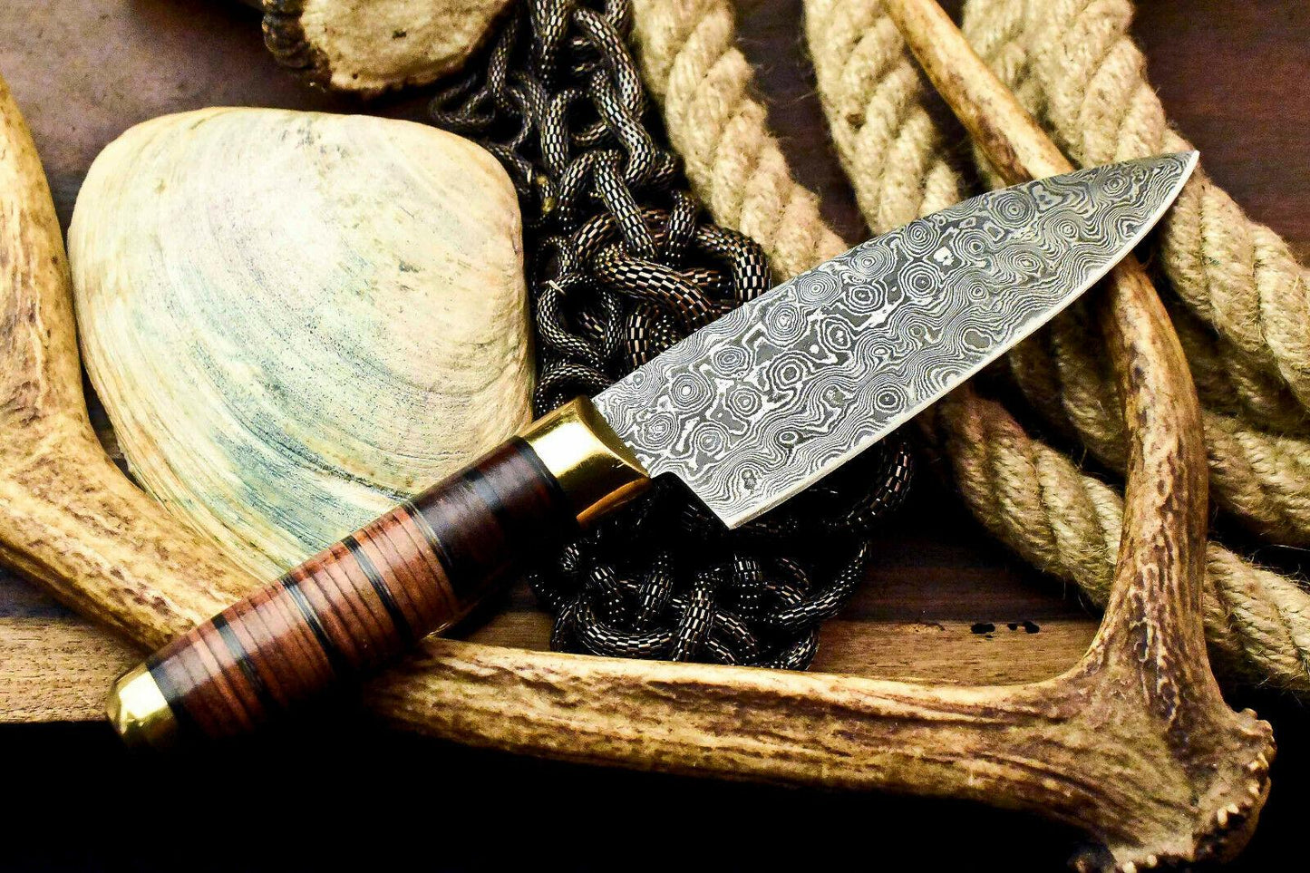 Custom Hand Made Damascus Steel Chef Knife with Stacked Leather Handle, 5-Inch Blade, 10-Inch Overall, Full Tang, Oil-Tempered 58-60 HRC, Handcrafted