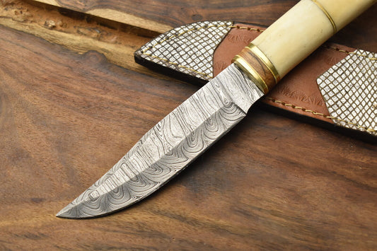 Damascus Bowie Knife with Camel Bone Handle for Hunting and Fishing