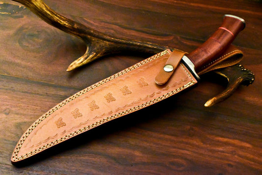 15" Damascus Bowie Knife | Walnut Wood Handle & Leather Sheath