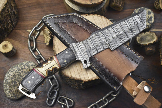 Handmade Twist Damascus Tracker Knife | Bone & Wood Handle | EDC Survival