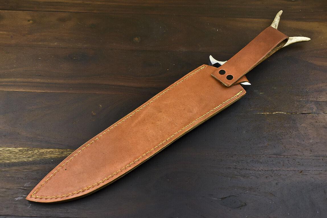 17.6 inch Damascus bowie knife with stag and wood handle on tan leather sheath