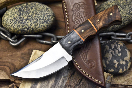 8" Custom Skinner Knife – AUS-8 Steel Blade, Walnut Wood Handle, Wooden Bolster, Leather Sheath EDC Knife