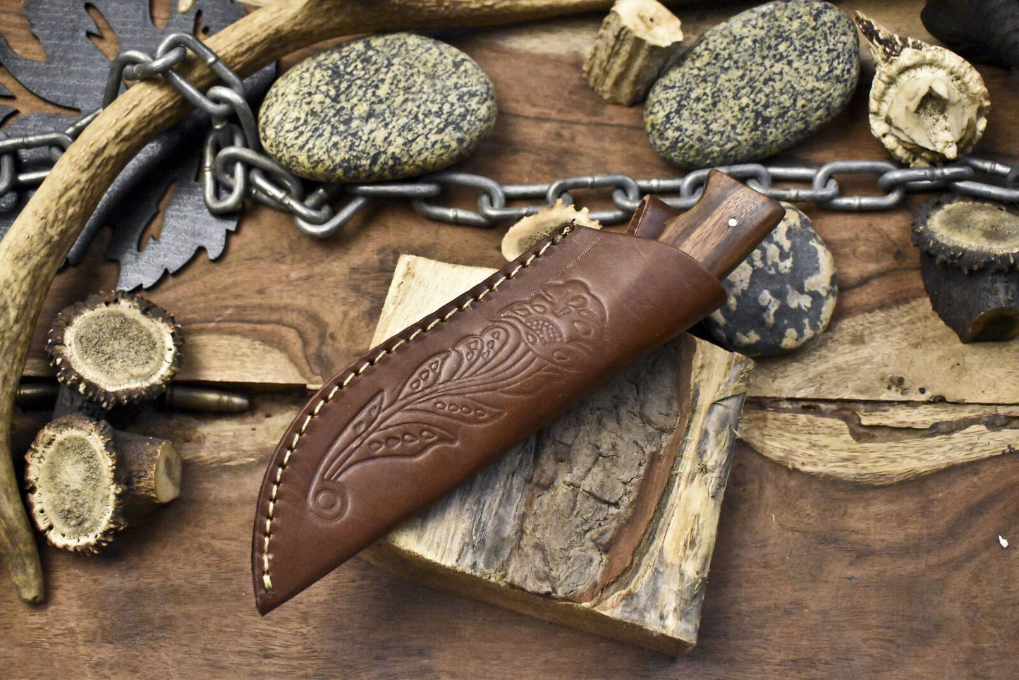 8" Custom Skinner Knife – AUS-8 Steel Blade, Walnut Wood Handle, Wooden Bolster, Leather Sheath EDC Knife