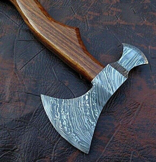 Custom Forged Damascus Steel Tomahawk Axe Hatchet with Leather Sheath – Handmade