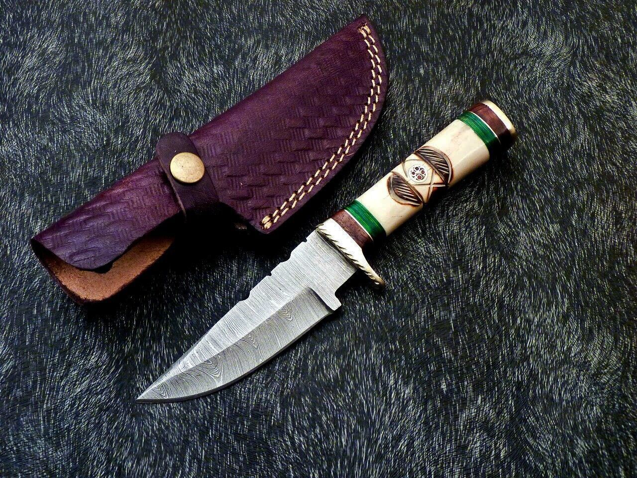 Heritage Forge 8 Inch Damascus Steel Camping Hunting Knife with Engraved Camel Bone Handle