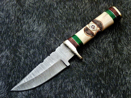Heritage Forge 8 Inch Damascus Steel Camping Hunting Knife with Engraved Camel Bone Handle