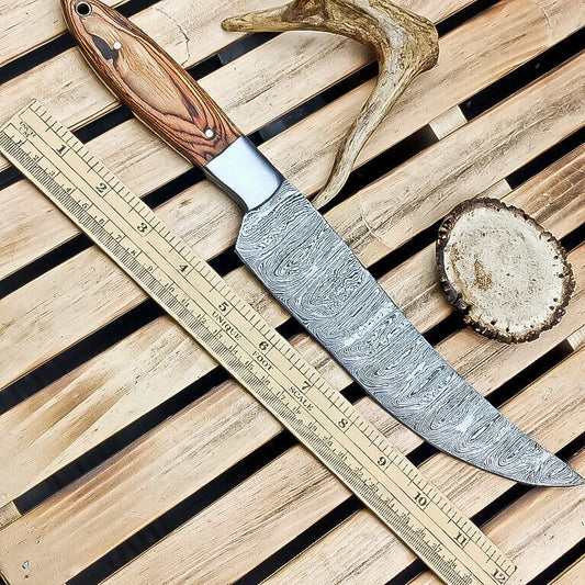 Custom Handmade Damascus Steel Chef Knife – 13" Fixed Blade Kitchen & Hunting Knife, Natural Wood Handle