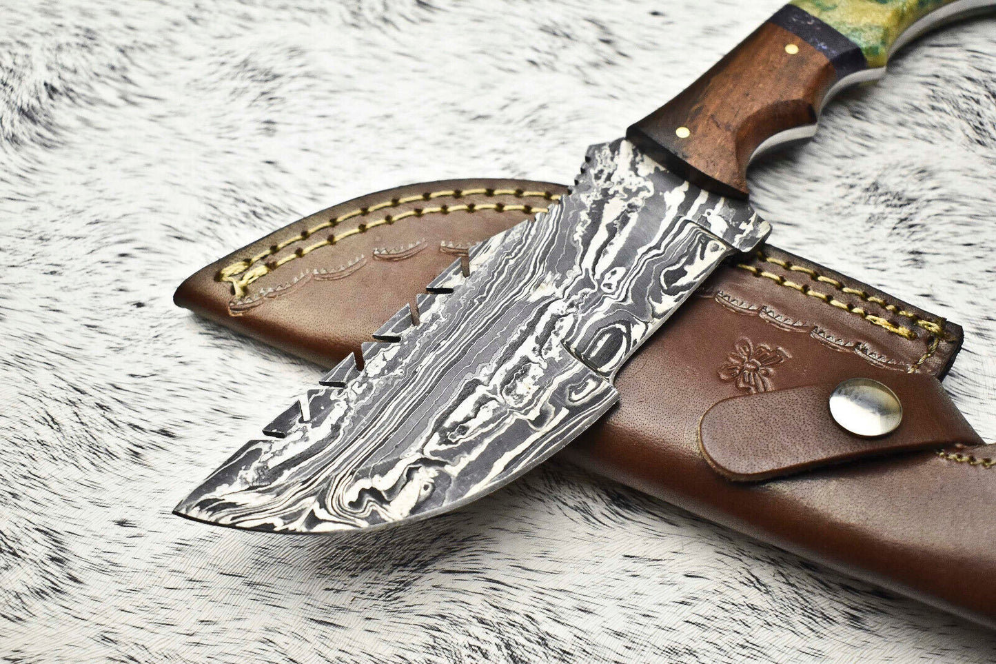 Premium Hand-Forged Damascus Tracker Knife with Leather Sheath