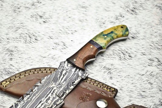 Premium Hand-Forged Damascus Tracker Knife with Leather Sheath