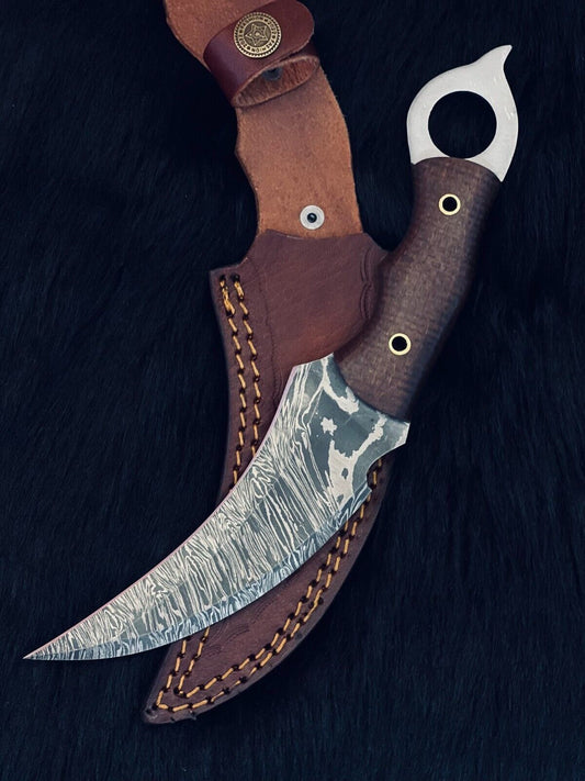 Heritage Forge 10 Inch Twist Damascus Karambit Knife with Micarta Handle