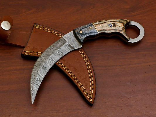 Heritage Forge Damascus Steel Karambit Style Dagger with Pakka Wood Handle