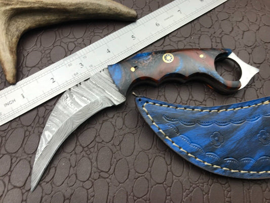8" Handmade Best Karambit Knife Full Tang Damascus Steel Karambit with Resin Handle
