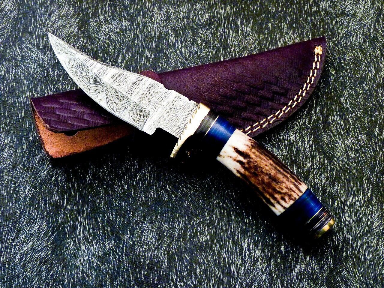 8" Damascus Steel Bowie Knife – Stag Antler & Hardwood Handle with Leather Sheath