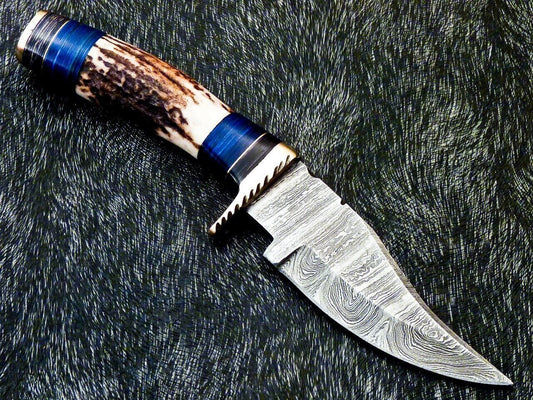 8" Damascus Steel Bowie Knife – Stag Antler & Hardwood Handle with Leather Sheath