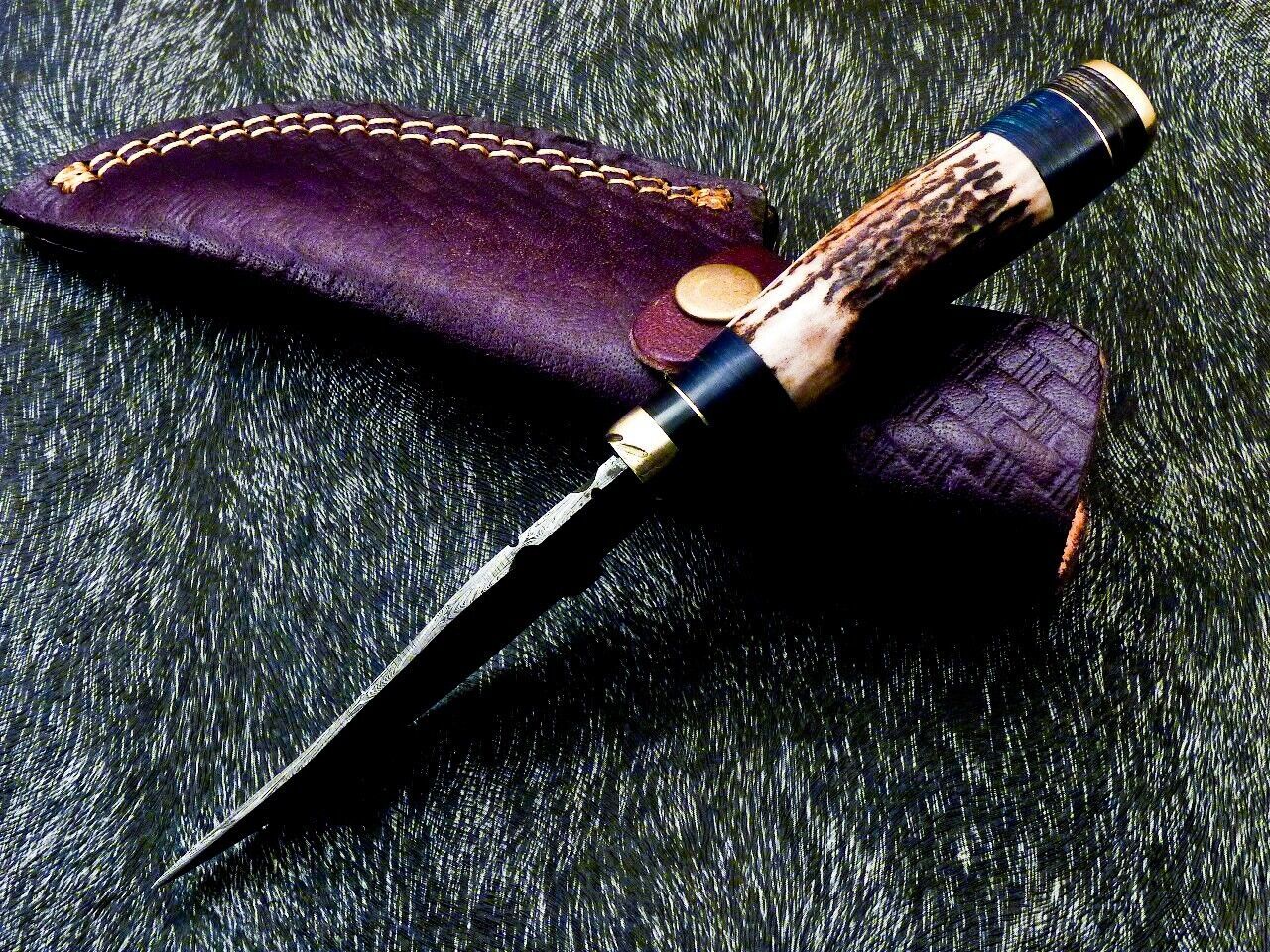 8" Damascus Steel Bowie Knife – Stag Antler & Hardwood Handle with Leather Sheath