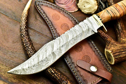 14" Damascus Bowie Knife – Stacked Leather Handle with Leather Sheath
