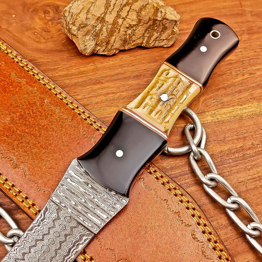 Handmade Damascus Steel Dagger Hunting Knife with Resin Stag Handle and Leather Sheath