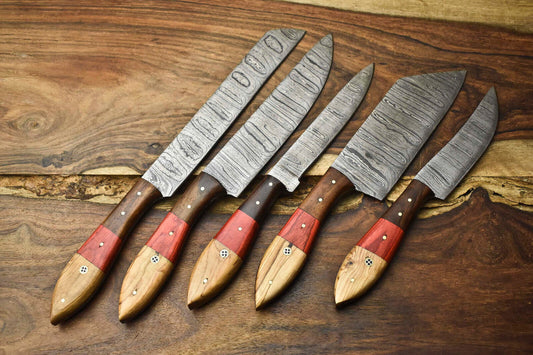 Lot of 5 Handmade Damascus Steel Blade Chef Knife Set – 384 Layer Full Tang