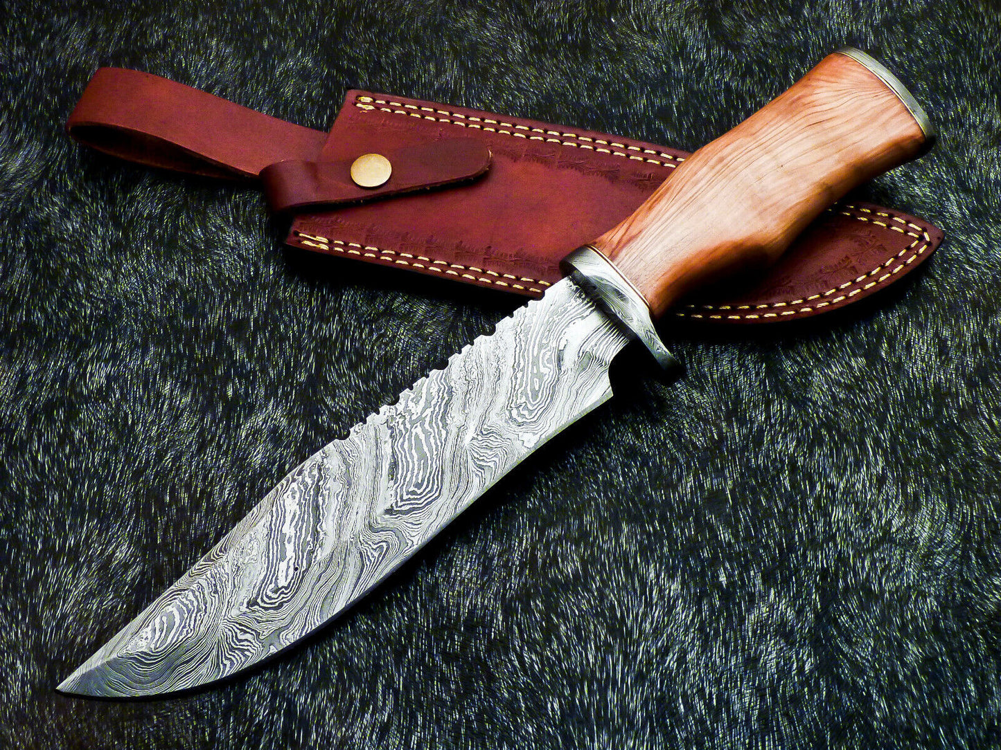 13" Hand-Forged Damascus Bowie Knife | Olive Wood Handle + Leather Sheath