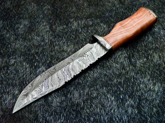 13" Hand-Forged Damascus Bowie Knife | Olive Wood Handle + Leather Sheath