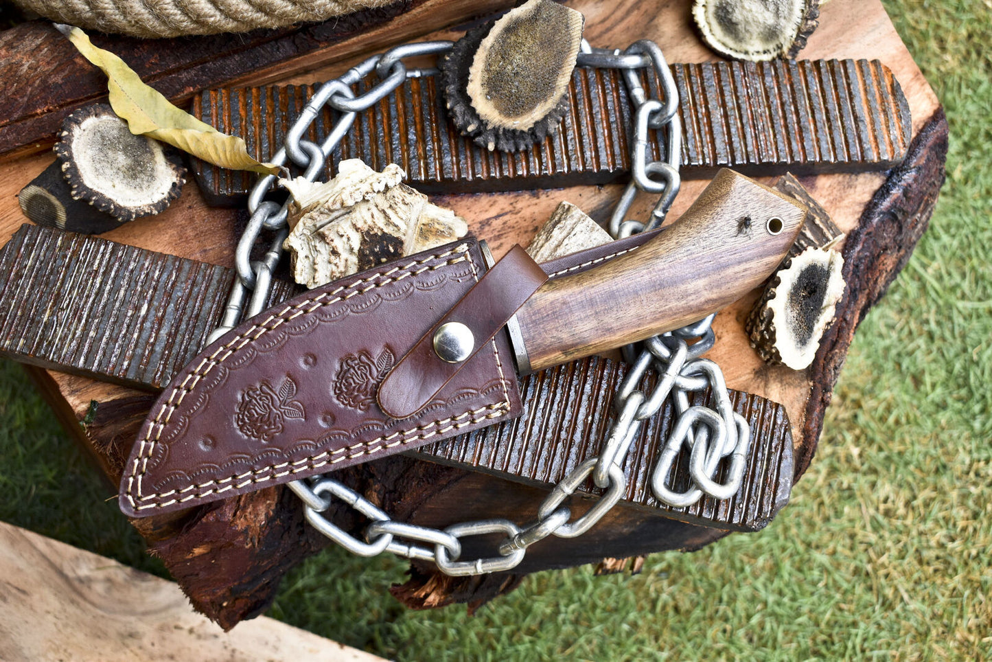10" Forged Skinner Knife Ladder Damascus with Walnut Wood Handle and Damascus Guard