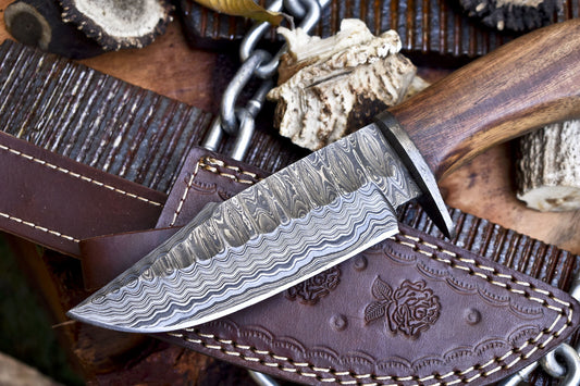 10" Forged Skinner Knife Ladder Damascus with Walnut Wood Handle and Damascus Guard
